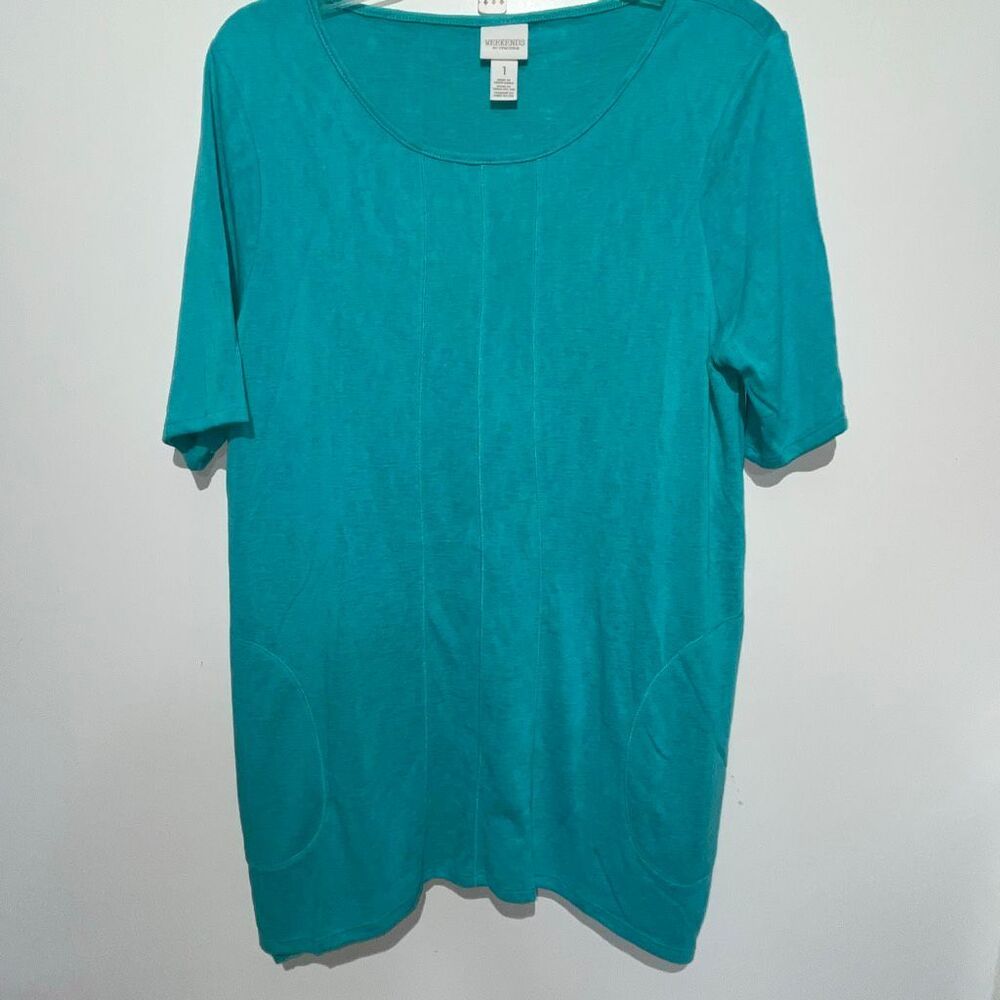 Weekends By Chico's Women's Teal Short Sleeve Tunic T-shirt Size 1/Medium‎